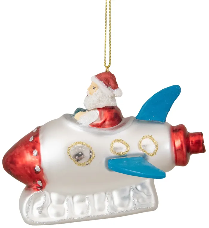 4.25" Santa in a Silver Rocket Ship Glass Christmas Ornament