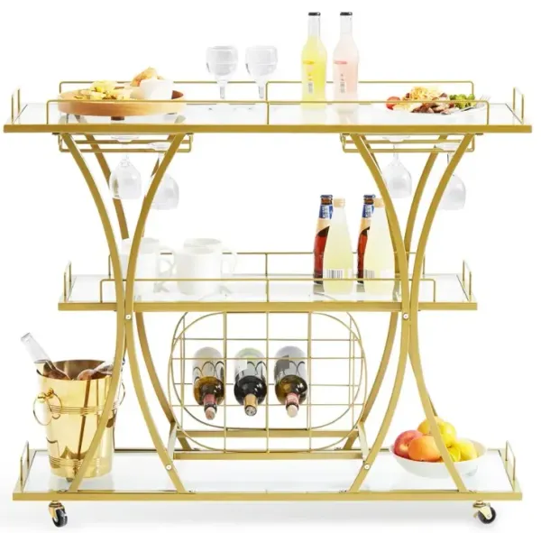 3 Tiers Metal Bar Serving Cart with Wine Rack Glass Holder 180 LBS
