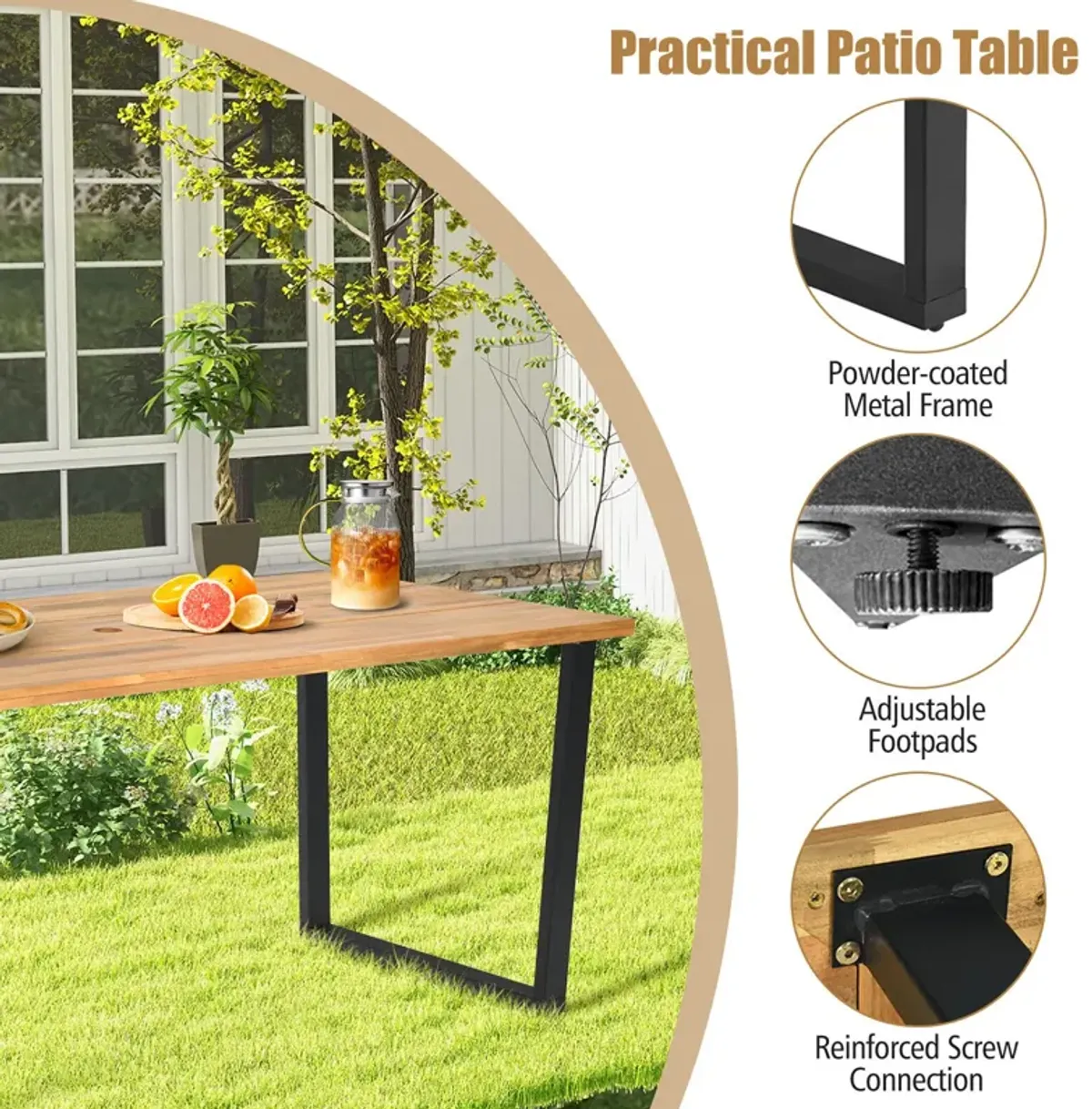 6-Person Acacia Wood Outdoor Dining Table with 2 Inch Umbrella Hole