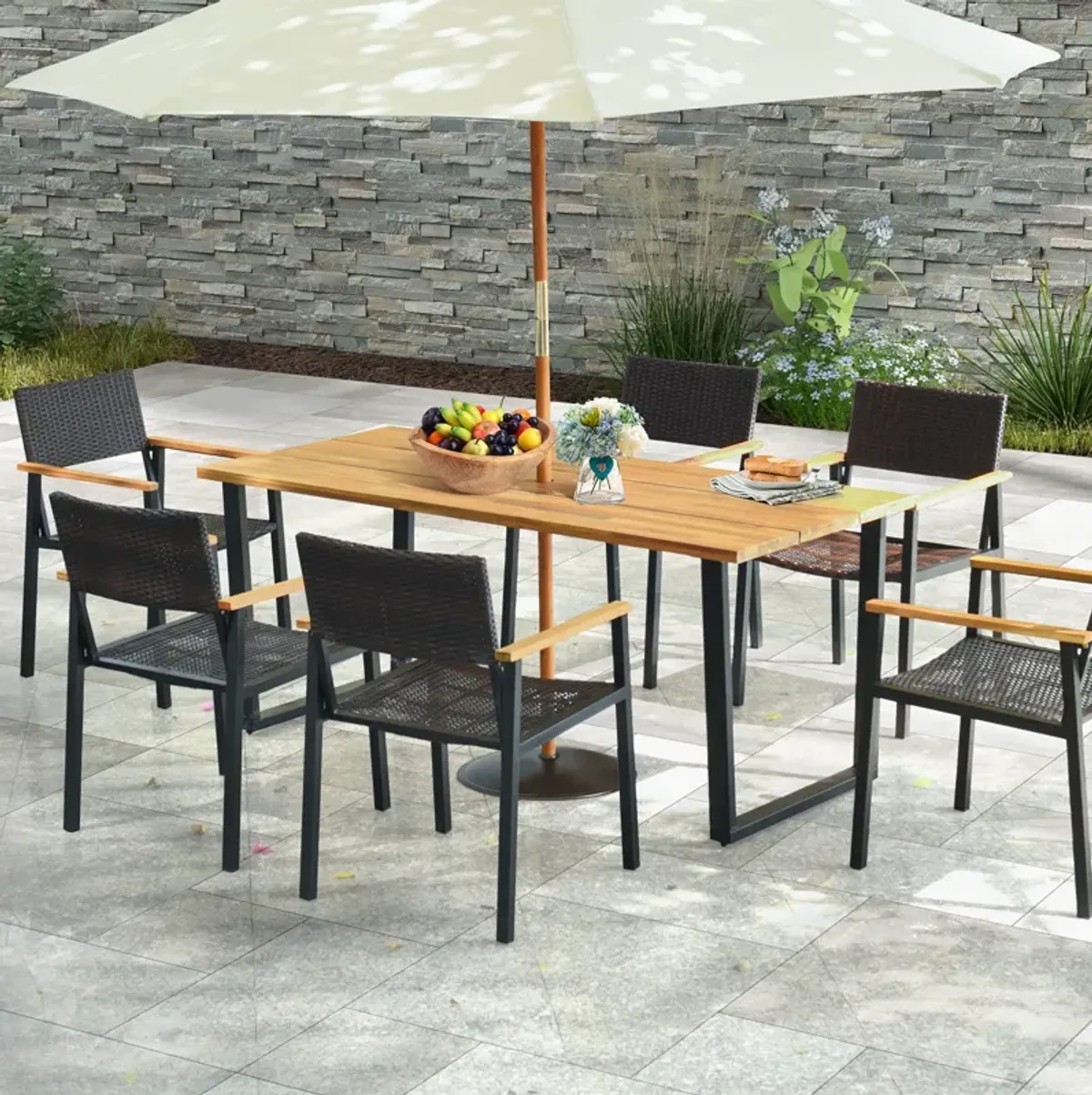 6-Person Acacia Wood Outdoor Dining Table with 2 Inch Umbrella Hole