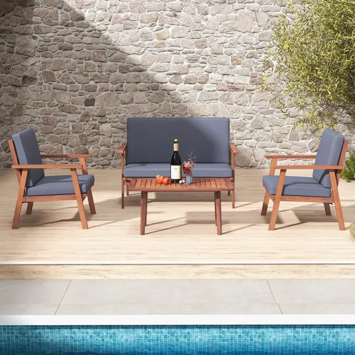 4 Piece Outdoor Acacia Wood Conversation Set with Soft Seat and Back Cushions