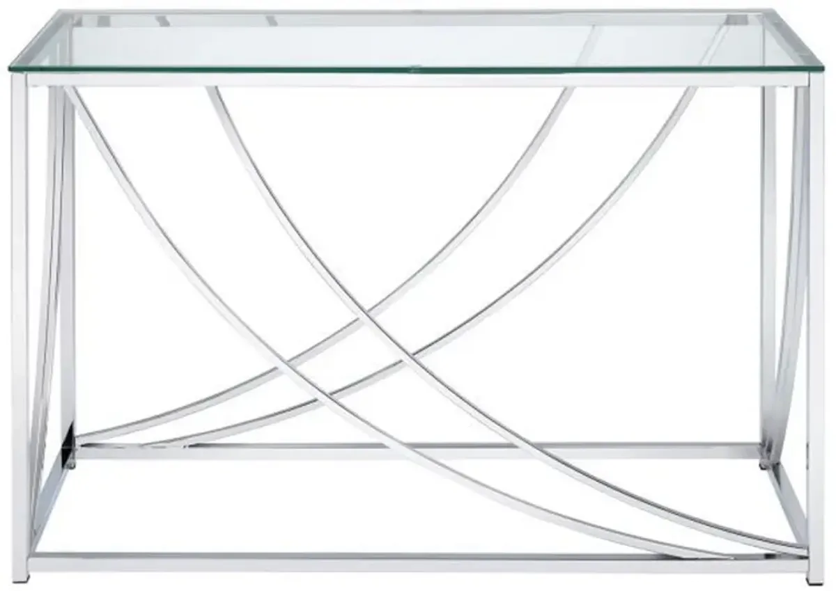 Glass Top Rectangular Sofa Table with Swooping  Curves, Clear and Silver-Benzara