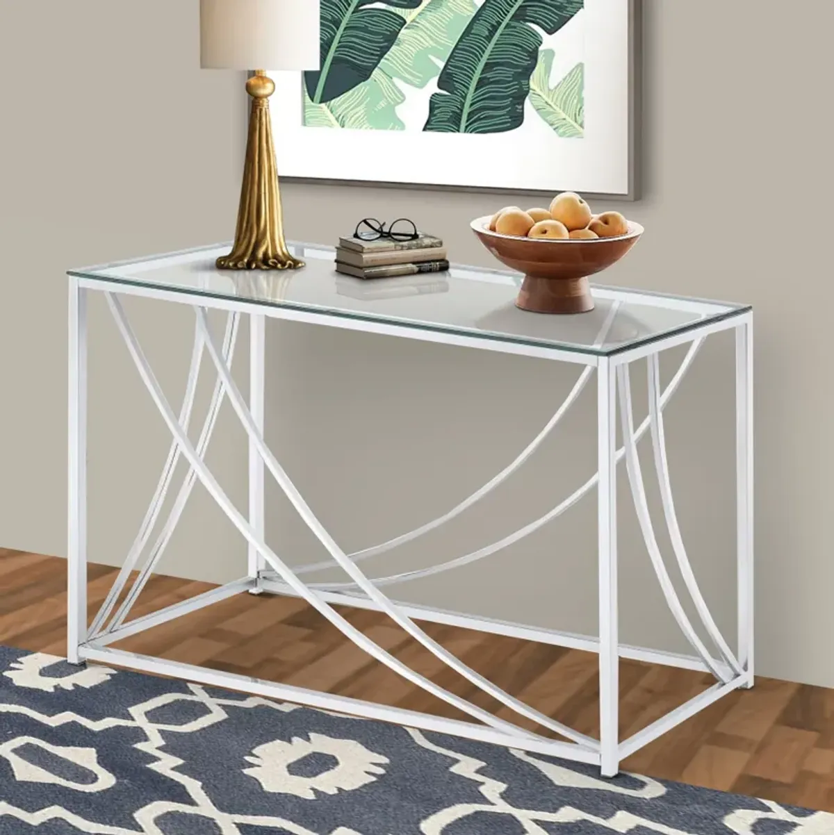 Glass Top Rectangular Sofa Table with Swooping  Curves, Clear and Silver-Benzara