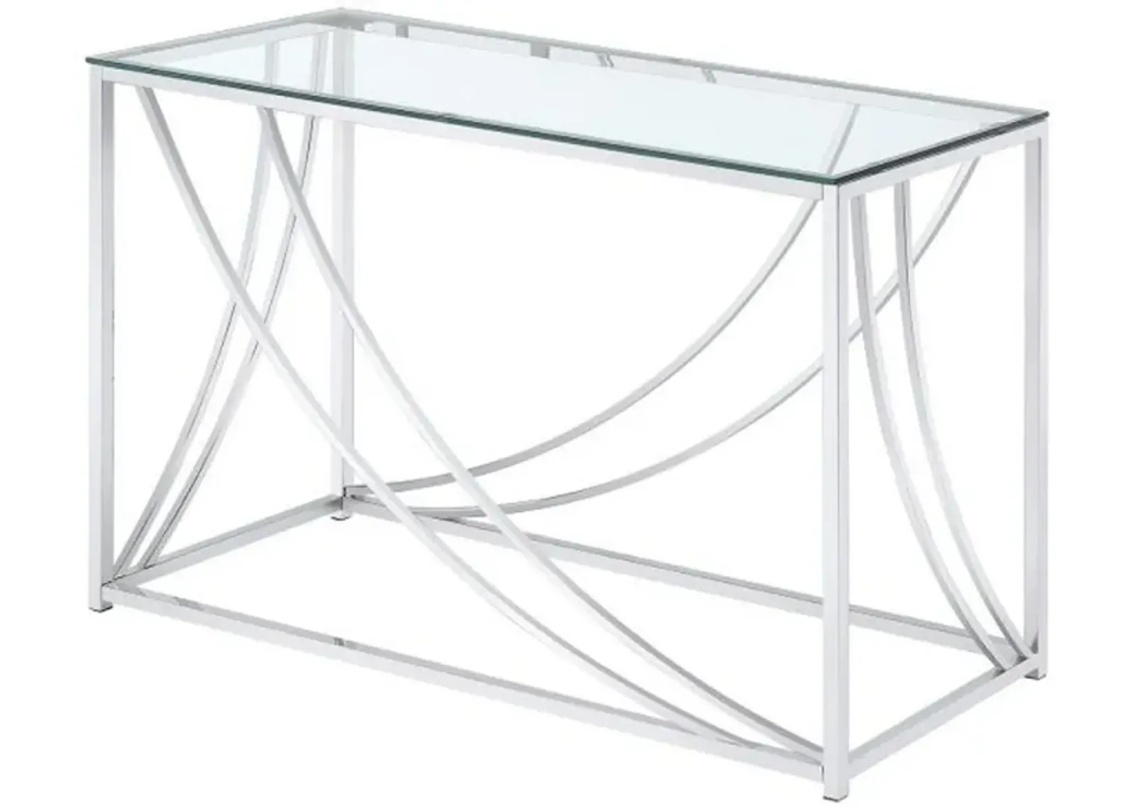 Glass Top Rectangular Sofa Table with Swooping  Curves, Clear and Silver-Benzara