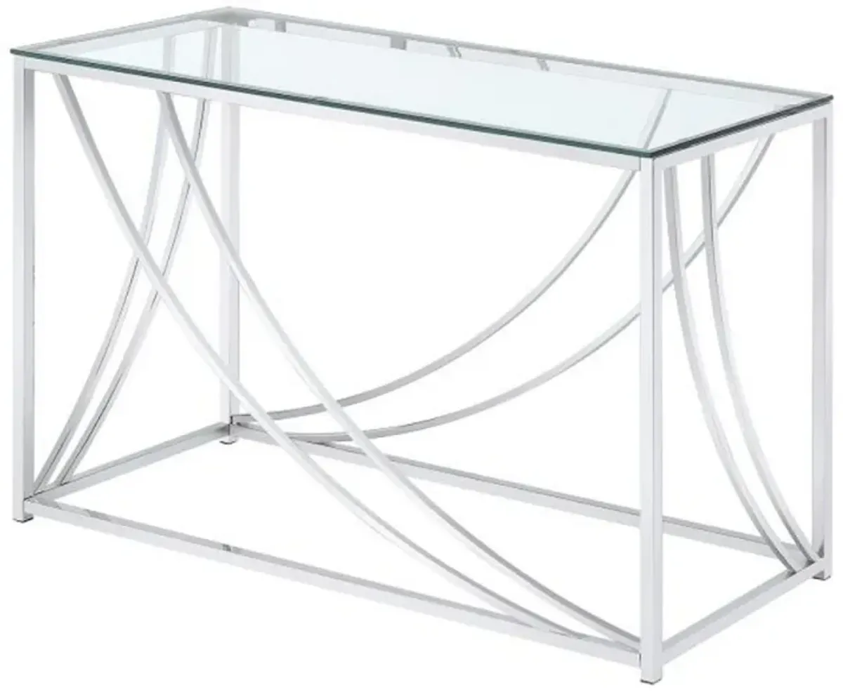 Glass Top Rectangular Sofa Table with Swooping  Curves, Clear and Silver-Benzara