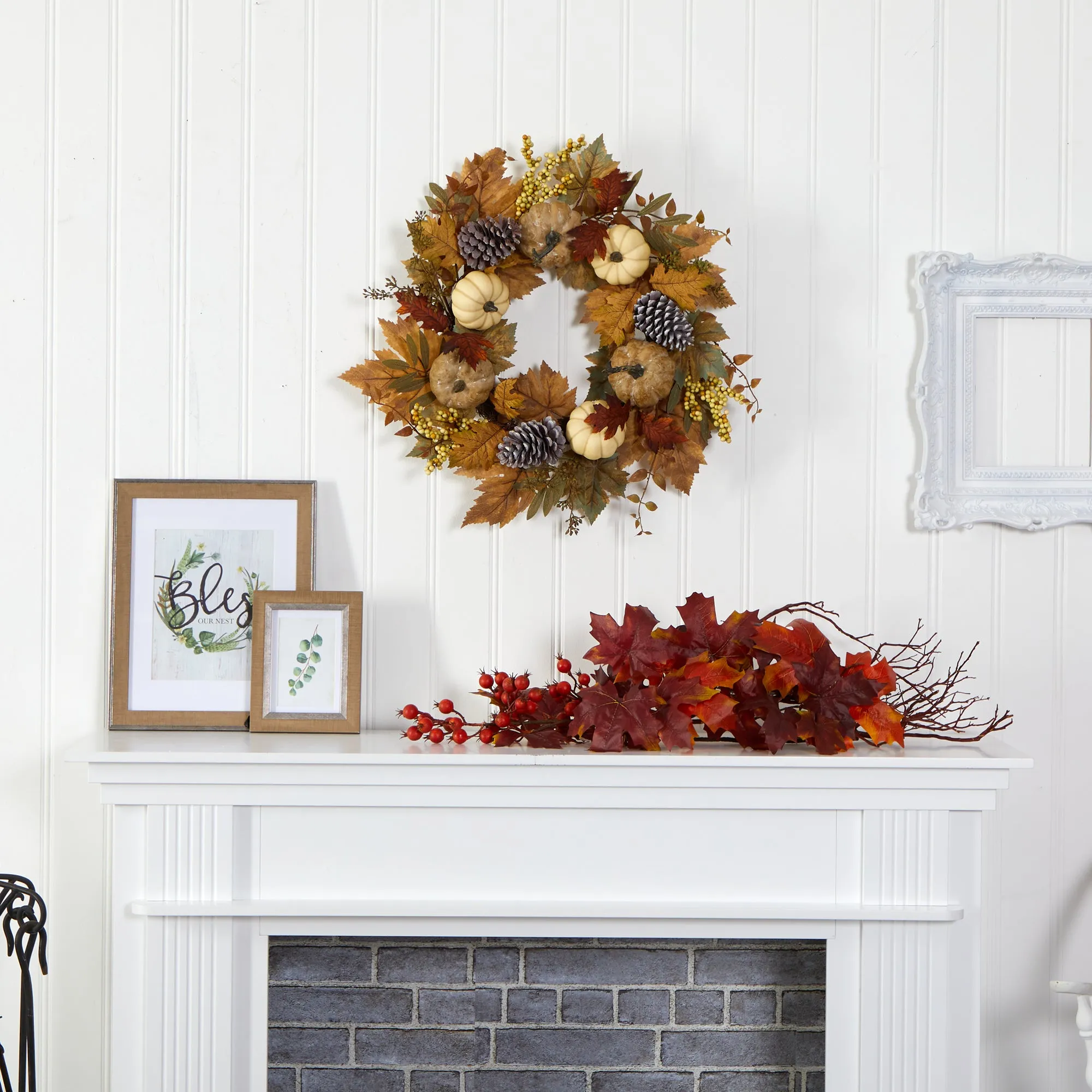 HomPlanti 24" Fall Pumpkins, Pine Cones and Berries Artificial Wreath