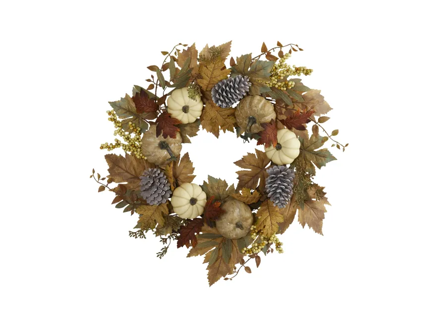 HomPlanti 24" Fall Pumpkins, Pine Cones and Berries Artificial Wreath