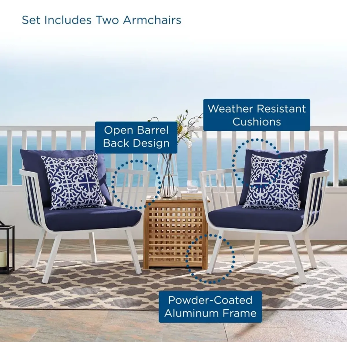 Riverside Outdoor Patio Aluminum Armchair Set of 2-Benzara