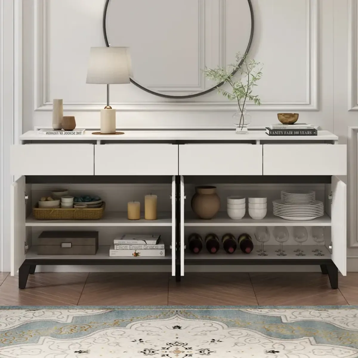 Sideboard Buffet Storage Cabinet with Doors and 4 Drawers, Kitchen Cupboard Cabinet with Adjustable Shelves in White