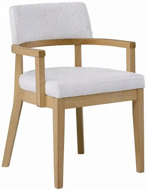 Semi Dining Armchair Set of 2, Curved Cutout Back, White Fabric, Brown