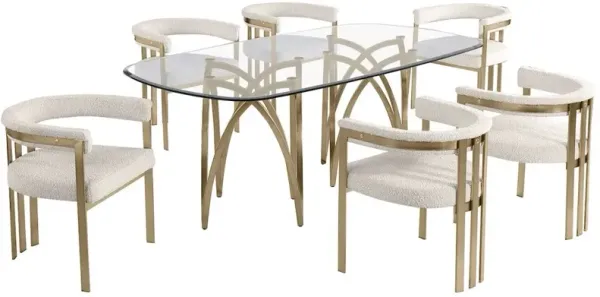 Best Quality Furniture 7Pc Tempered Glass Dining Table Set With 6 Cream With Matte Gold Side Chairs