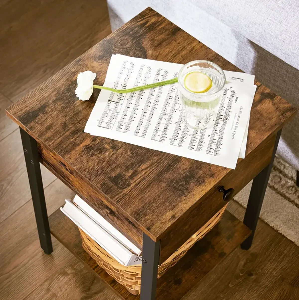 Steel Nightstand with Drawer and Shelf - Industrial-Style End Table for Bedroom