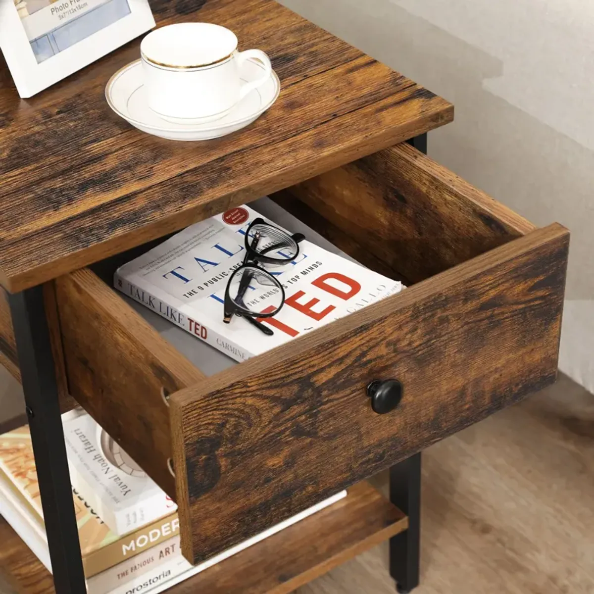 Steel Nightstand with Drawer and Shelf - Industrial-Style End Table for Bedroom