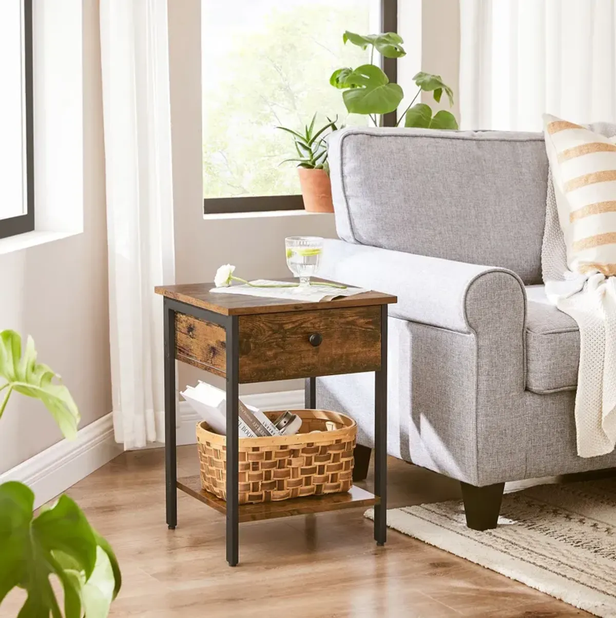 Steel Nightstand with Drawer and Shelf - Industrial-Style End Table for Bedroom