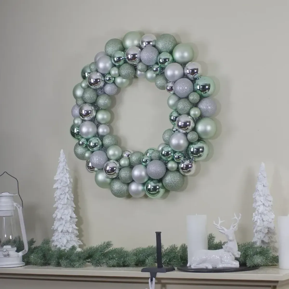 Silver and Seafoam Green 3-Finish Shatterproof Ball Christmas Wreath - 24-Inch  Unlit