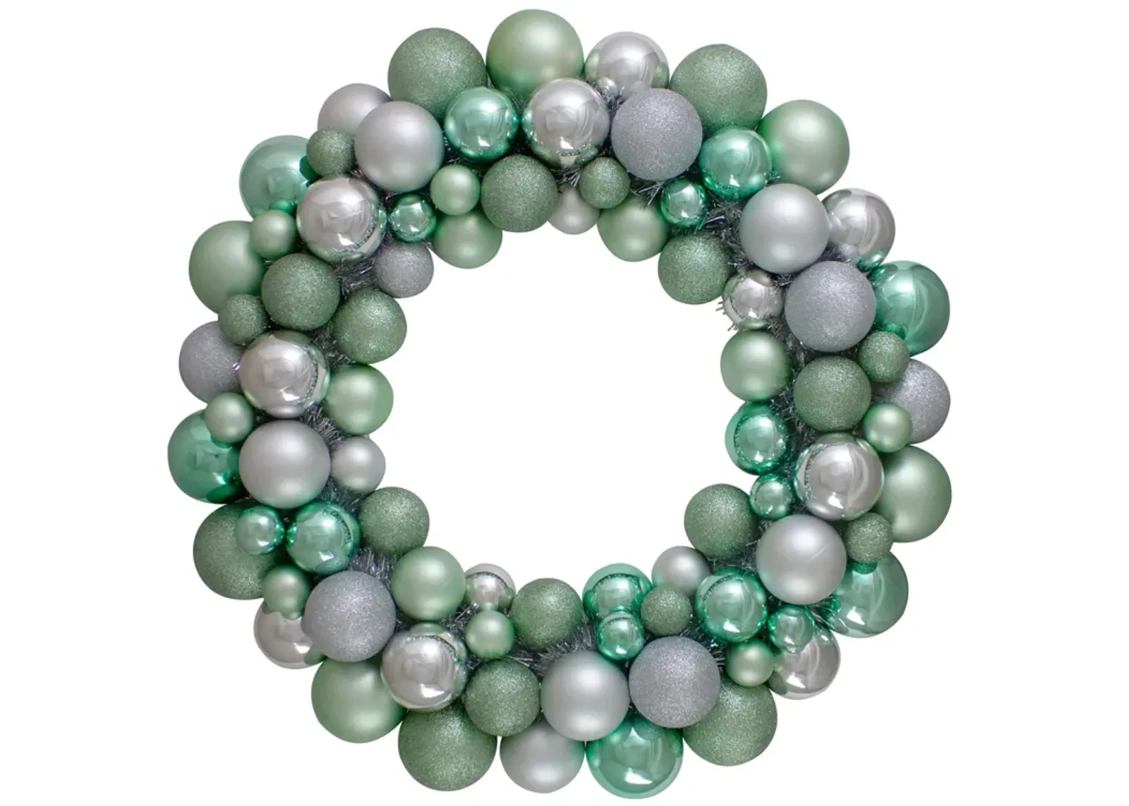 Silver and Seafoam Green 3-Finish Shatterproof Ball Christmas Wreath - 24-Inch  Unlit