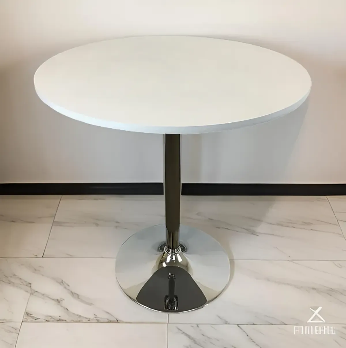 Mari 36 Inch Counter Height Table, White Round Top and Stainless Steel Base - Benzara