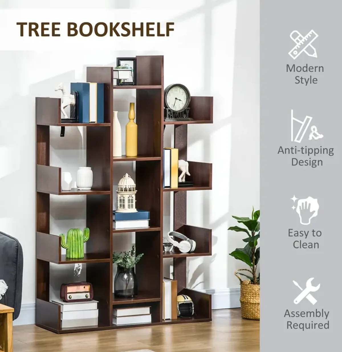 Brown Book Display: Modern 13-Shelf Tree Bookshelf for Living Room