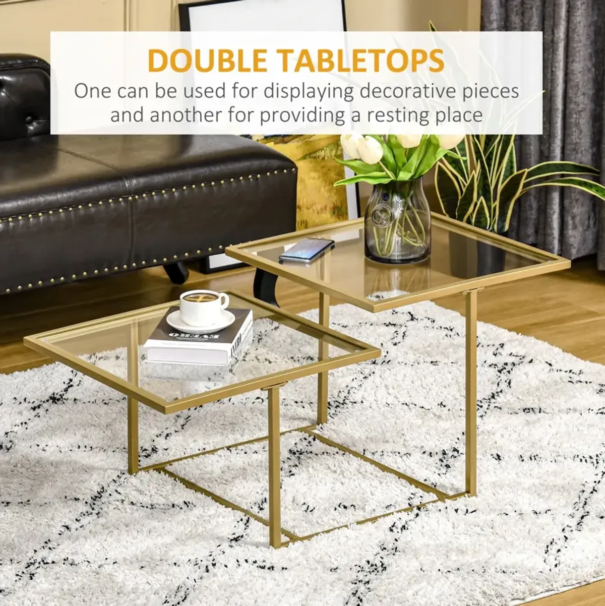 Gold Living Room Accent: Small Glass Double-tier Coffee Table