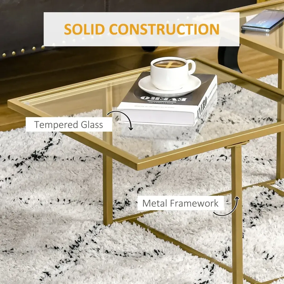 Gold Living Room Accent: Small Glass Double-tier Coffee Table