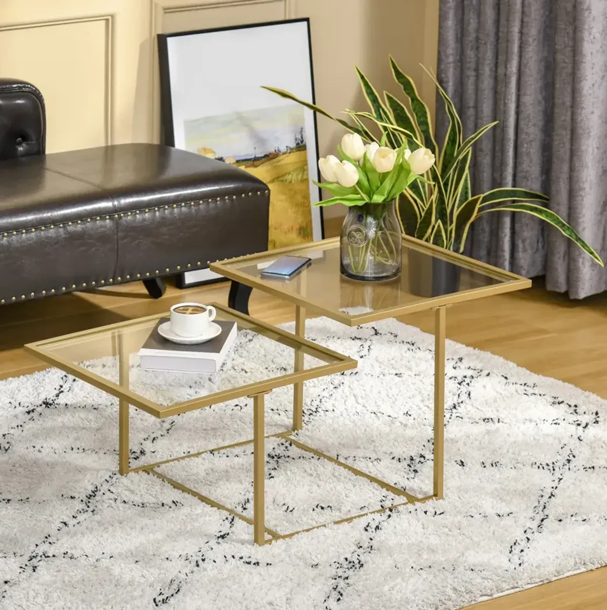 Gold Living Room Accent: Small Glass Double-tier Coffee Table