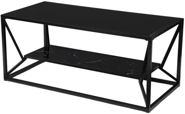 Hivvago 42 Inch  Black Glass Faux Marble And Metal Coffee Table With Shelf
