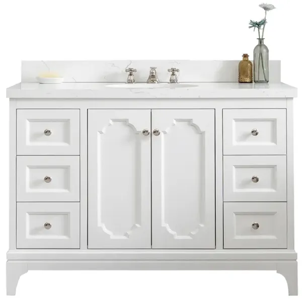 Queen 48 In. Single Sink Sink Carrara Quartz Countertop Bath Vanity in Pure White with Polished Nickel (PVD) Hardware