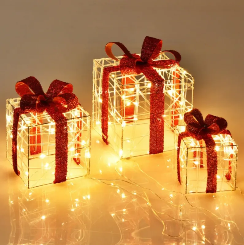 3 Pieces Christmas Lighted Gift Boxes Decorations with 60 LED Lights for Indoor and Outdoor