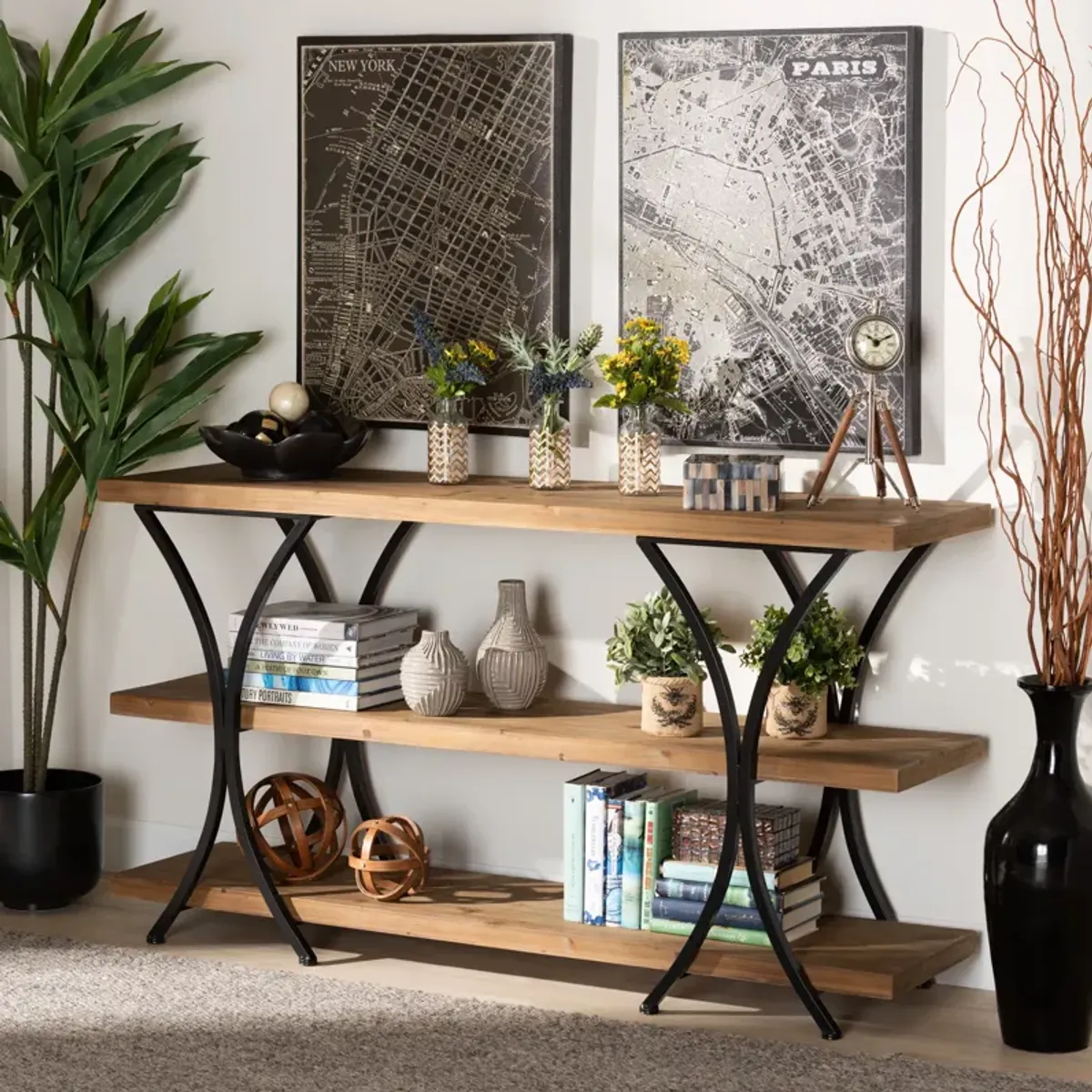 Baxton Studio Terrell Natural Brown Finished Wood And Black Finished Metal Console Table