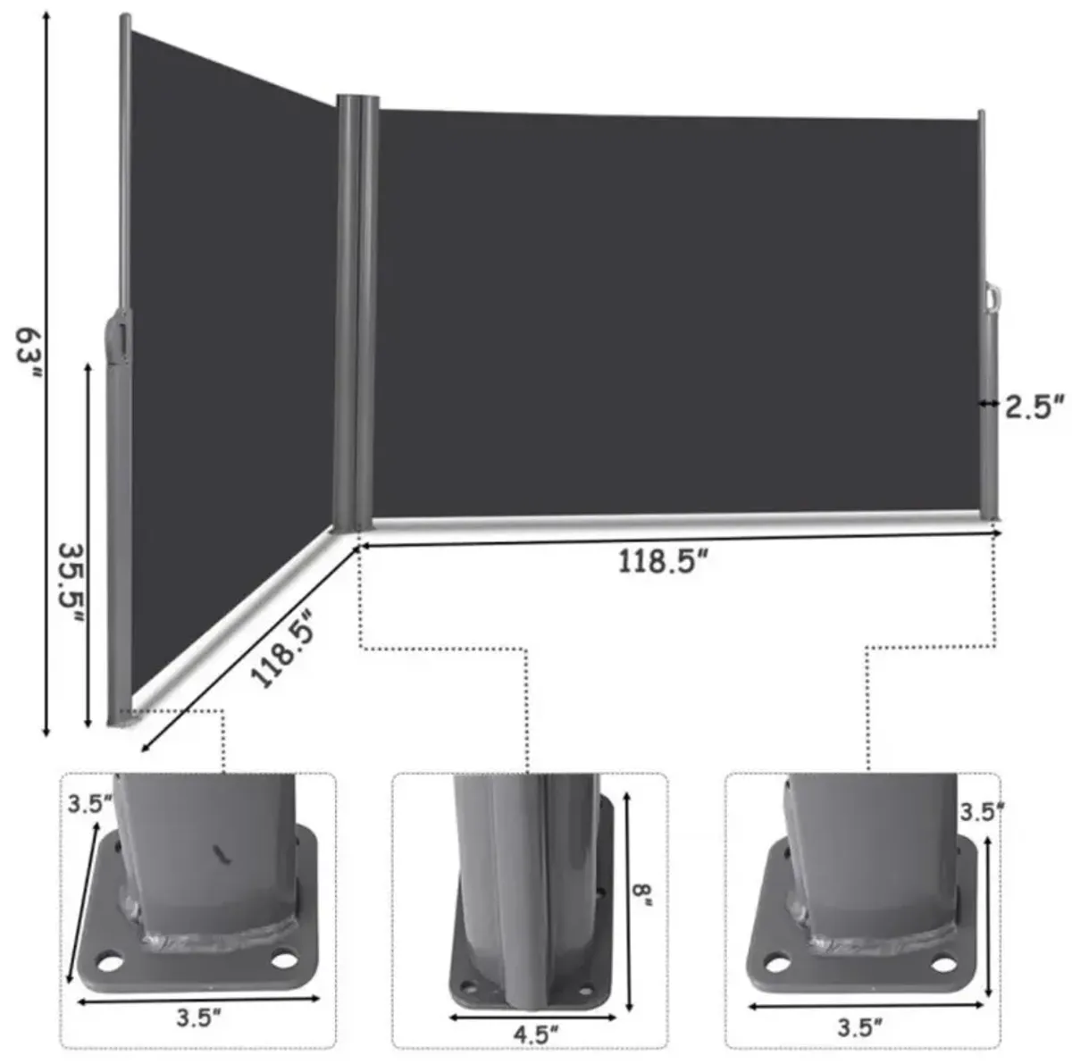 Hivvago 237 x 63 Inch Patio Retractable Double Folding Side Awning Screen Divider