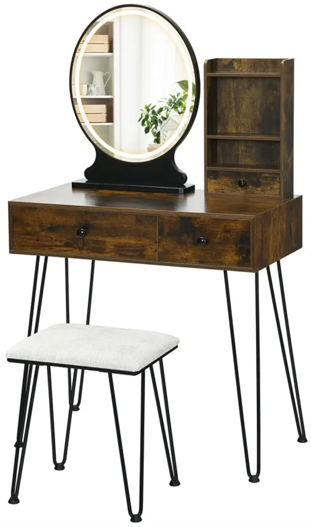 Vanity Table Set with Lighted Mirror and Cushion Stool