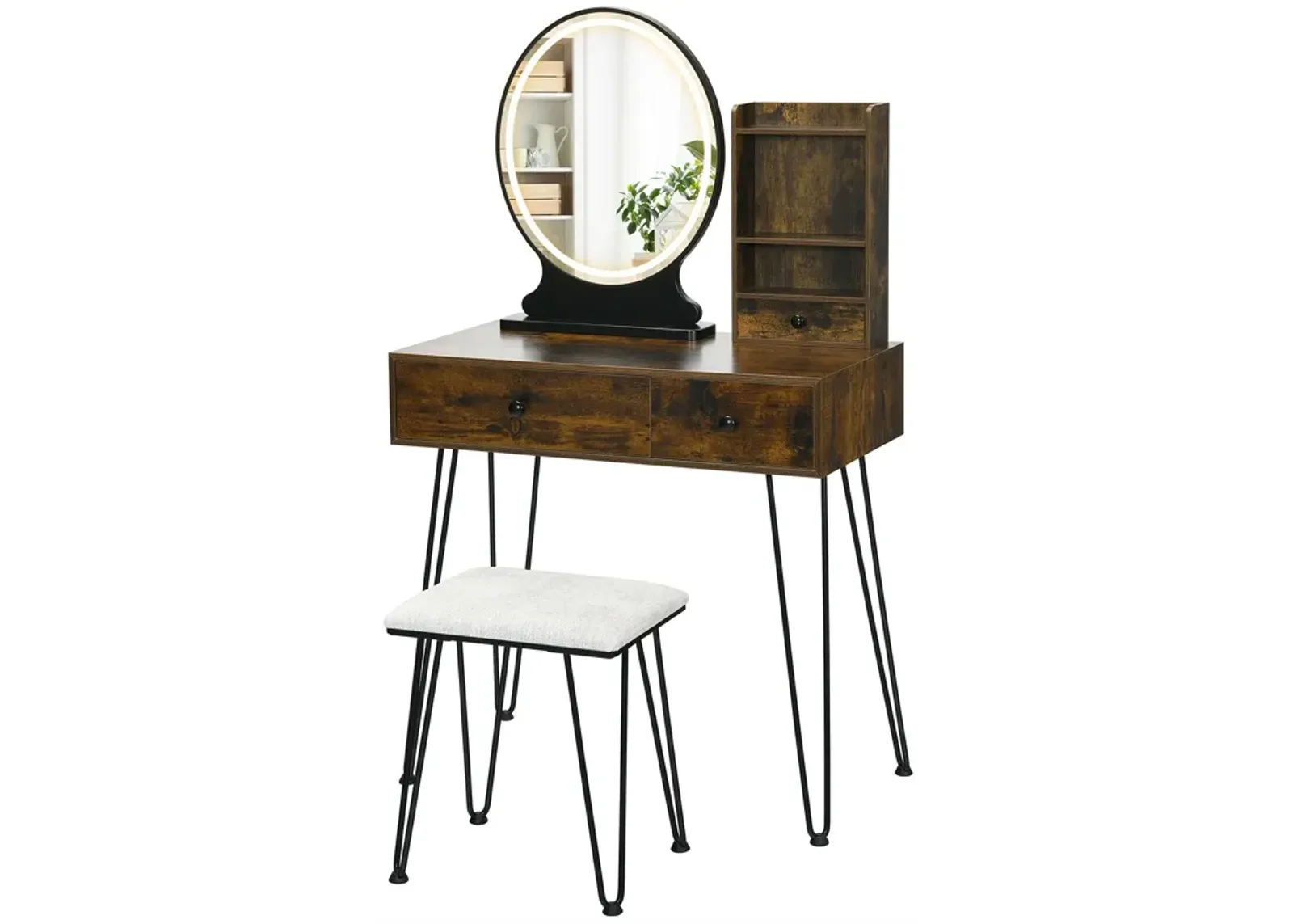 Vanity Table Set with Lighted Mirror and Cushion Stool