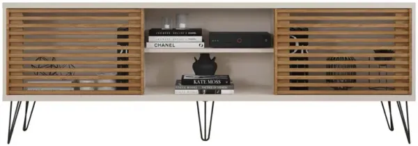 Arthur 71 Inch Handcrafted Modern Wood TV Media Entertainment Console, Slatted Doors, Single Shelf, Antique White, Brown-Benzara