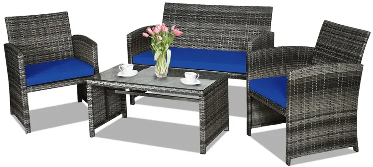 4 Pcs Patio Rattan Furniture Set Top Sofa With Glass Table