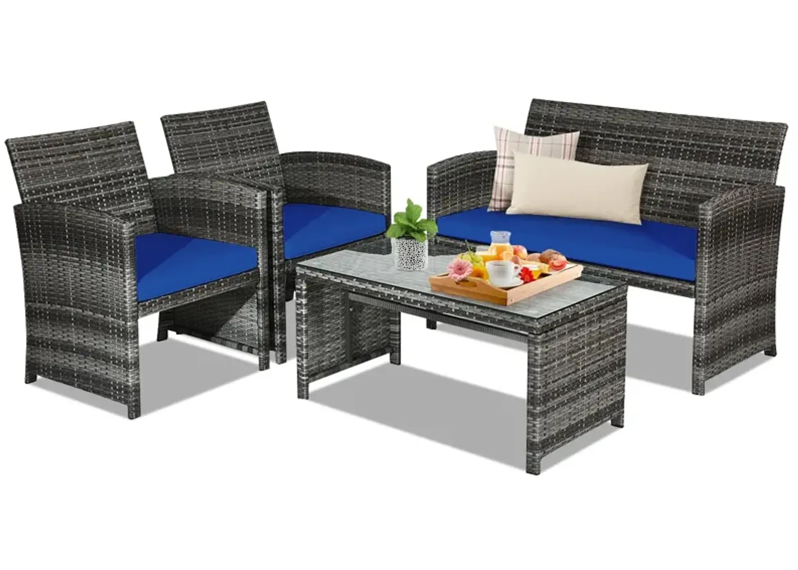 4 Pcs Patio Rattan Furniture Set Top Sofa With Glass Table