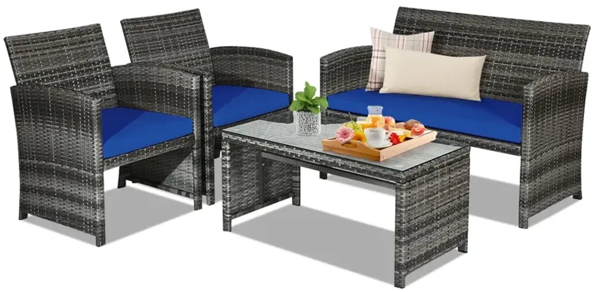 4 Pcs Patio Rattan Furniture Set Top Sofa With Glass Table