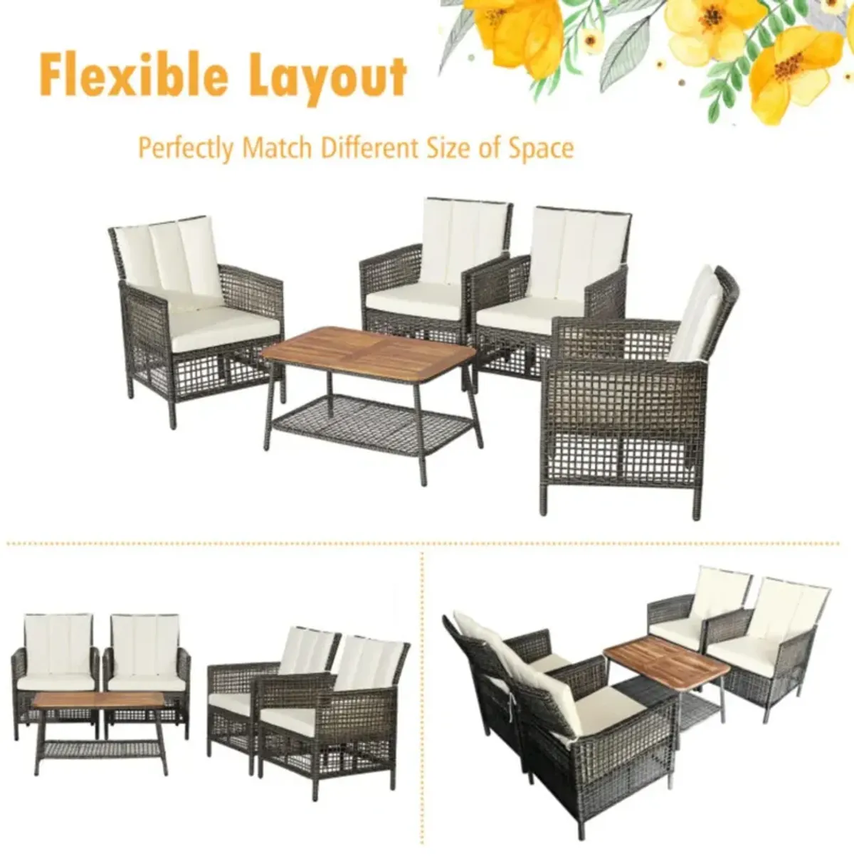Hivvago 5 Pieces Patio Rattan Furniture Set Cushioned Sofa Armrest Wooden Tabletop