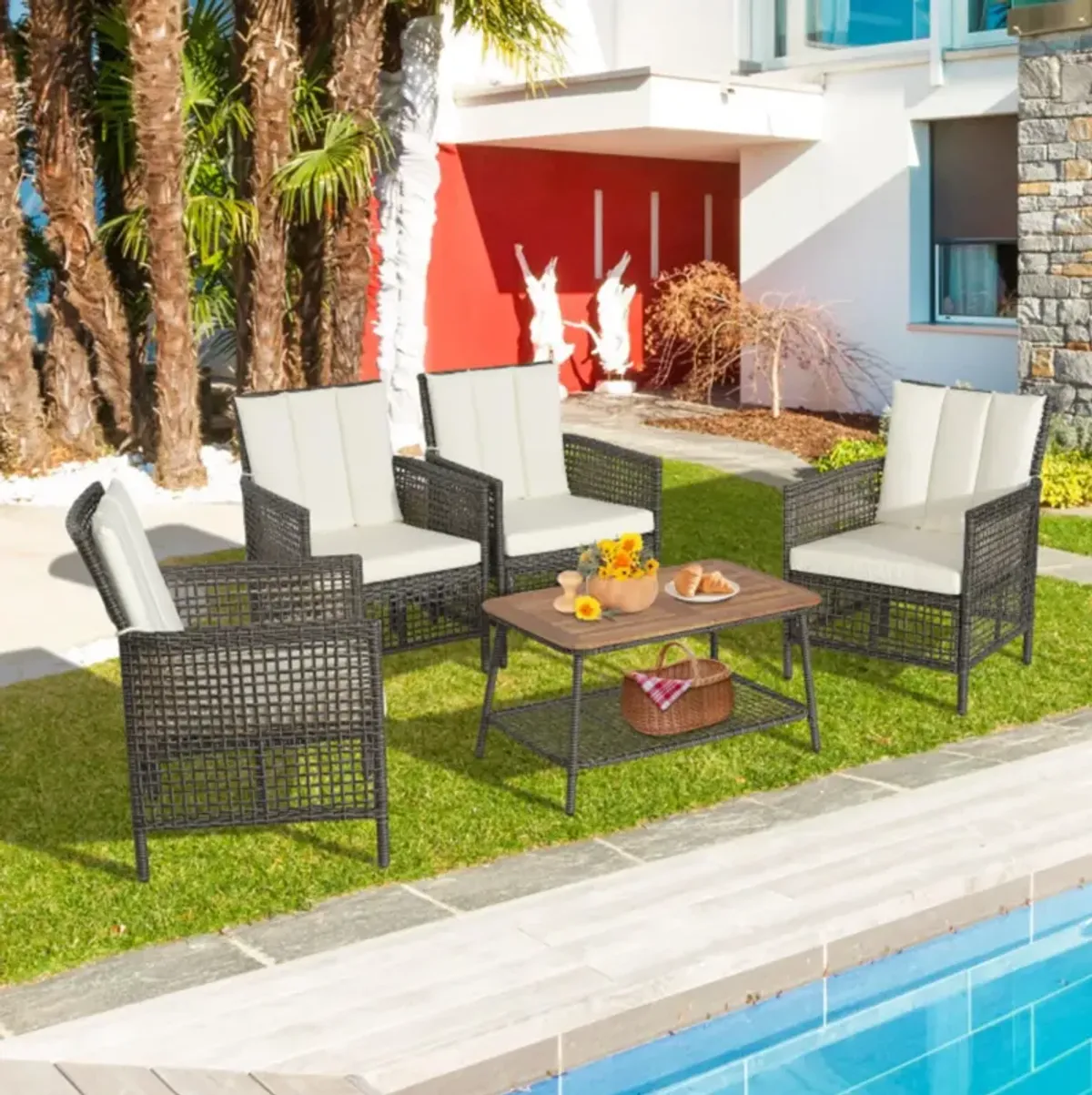 Hivvago 5 Pieces Patio Rattan Furniture Set Cushioned Sofa Armrest Wooden Tabletop