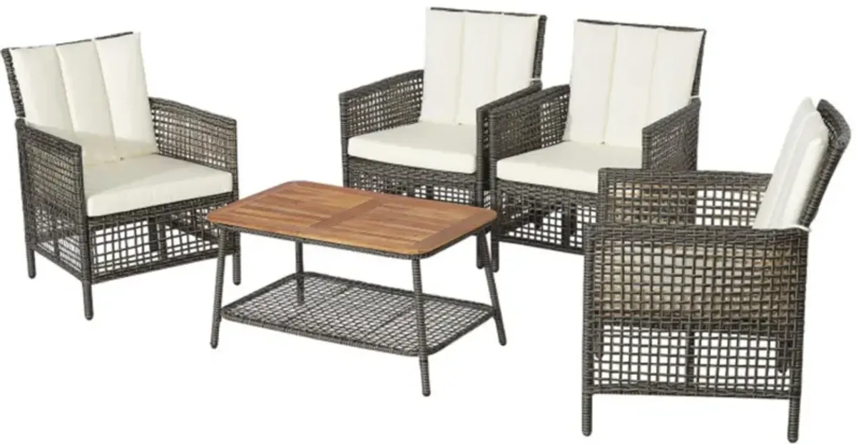 Hivvago 5 Pieces Patio Rattan Furniture Set Cushioned Sofa Armrest Wooden Tabletop