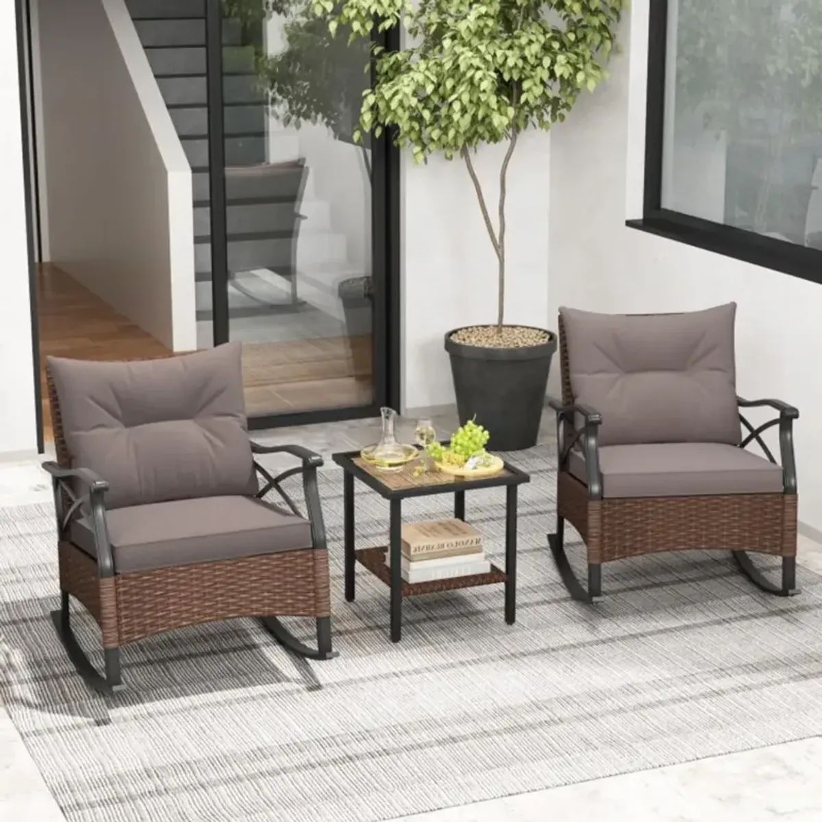 Hivvago 3 Pieces Outdoor Rattan Rocking Chairs Set with  2-Tier Side Table for Garden Backyard