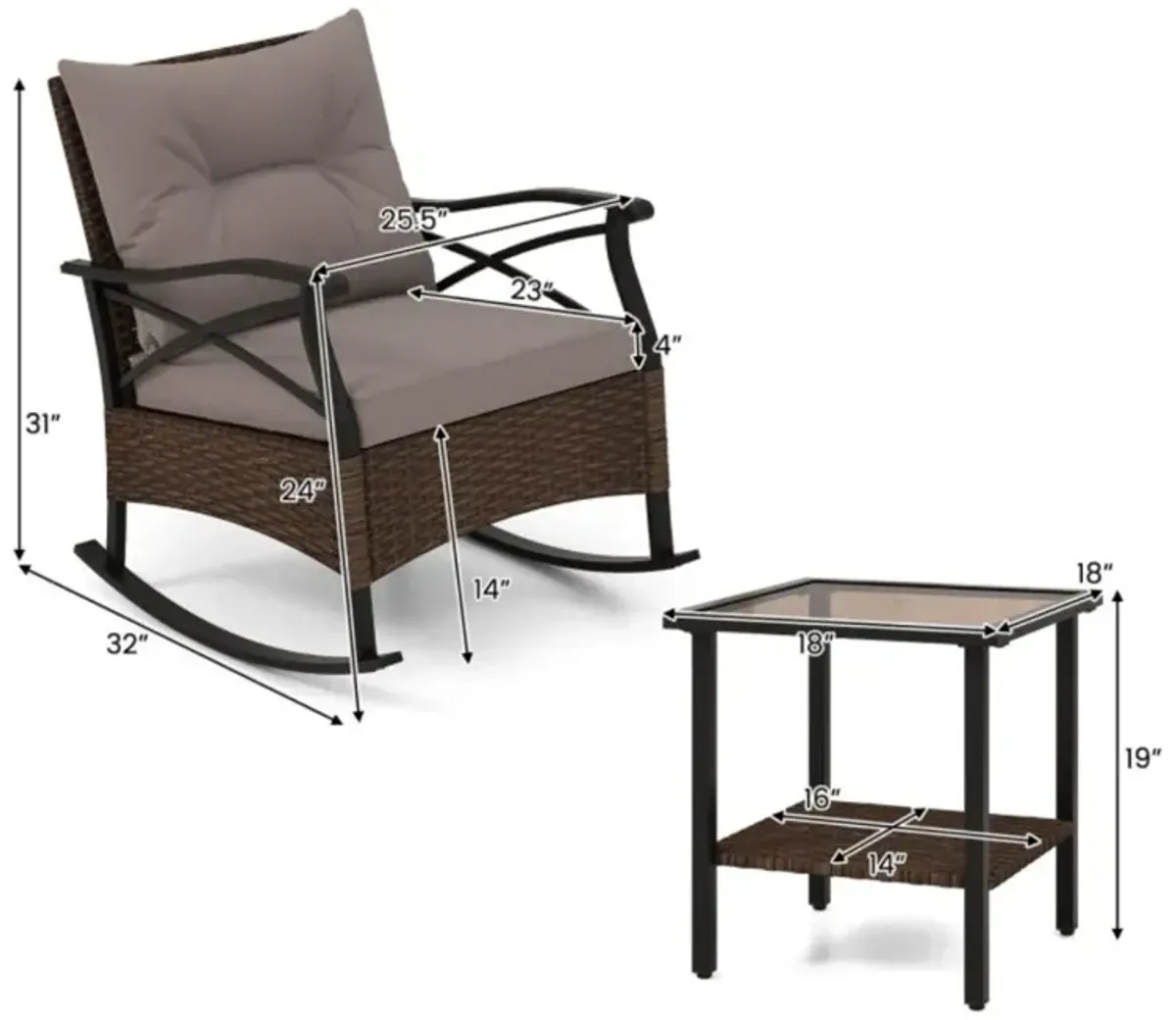 Hivvago 3 Pieces Outdoor Rattan Rocking Chairs Set with  2-Tier Side Table for Garden Backyard