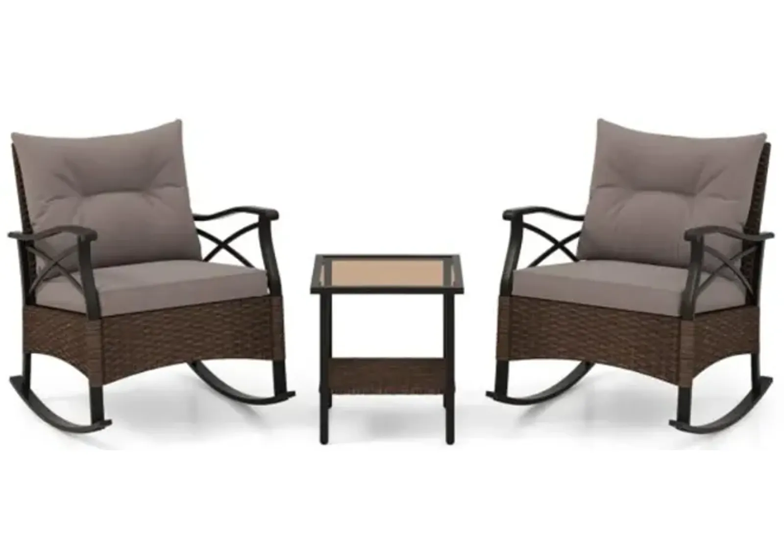 Hivvago 3 Pieces Outdoor Rattan Rocking Chairs Set with  2-Tier Side Table for Garden Backyard