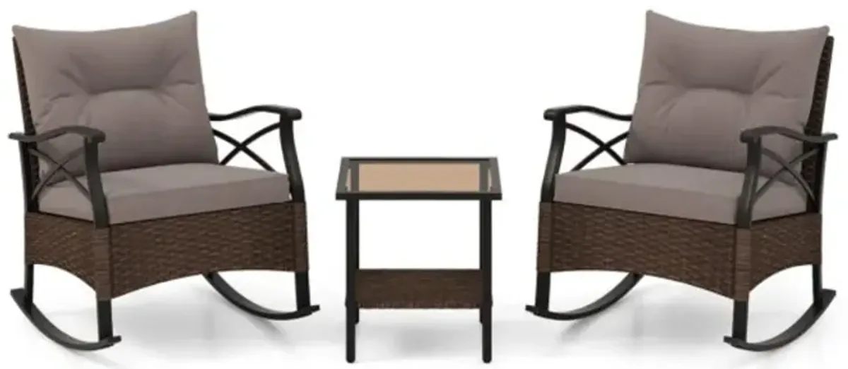 Hivvago 3 Pieces Outdoor Rattan Rocking Chairs Set with  2-Tier Side Table for Garden Backyard