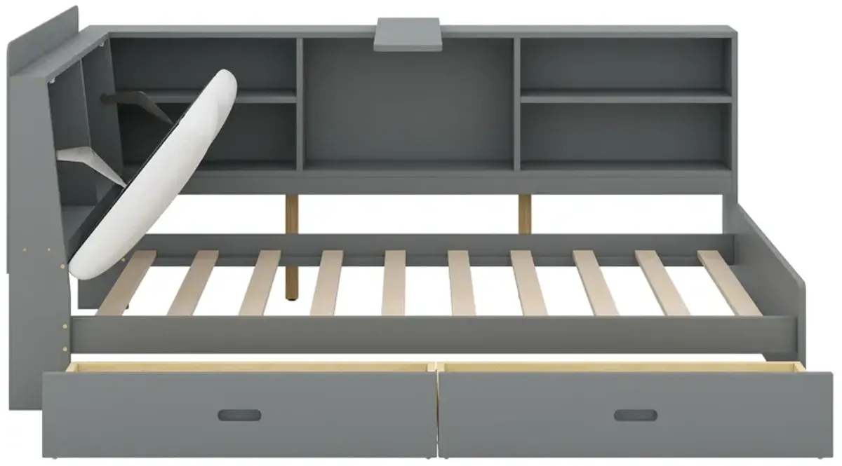 Merax Platform bed with Storage Headboard, Shelves and 2 Drawers
