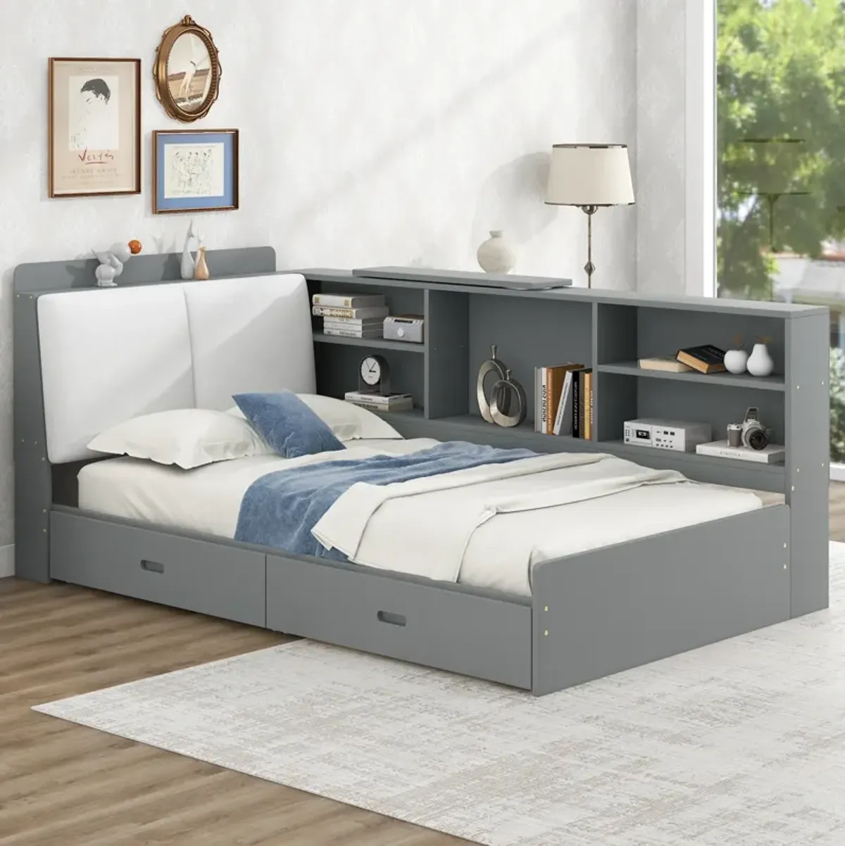 Merax Platform bed with Storage Headboard, Shelves and 2 Drawers