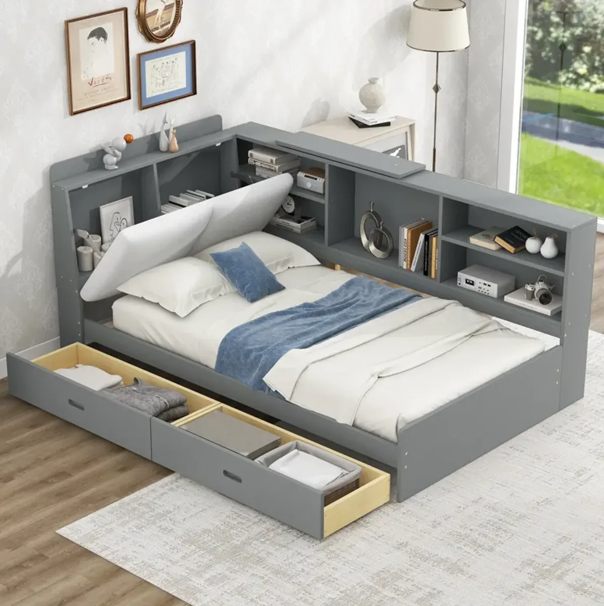 Merax Platform bed with Storage Headboard, Shelves and 2 Drawers