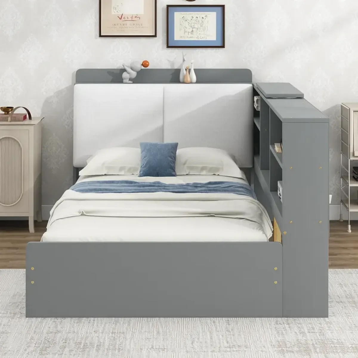 Merax Platform bed with Storage Headboard, Shelves and 2 Drawers