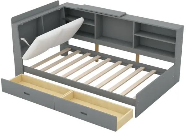 Merax Platform bed with Storage Headboard, Shelves and 2 Drawers