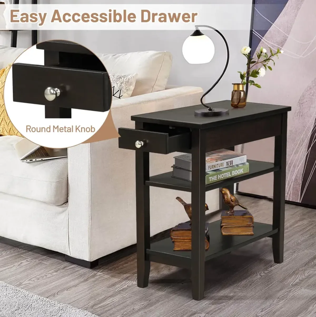 End Table with Drawer and 2-Tier Open Storage Shelves for Space Saving