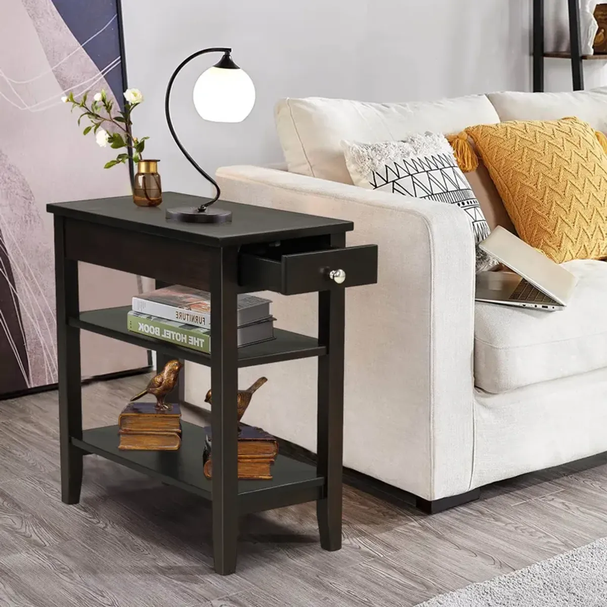 End Table with Drawer and 2-Tier Open Storage Shelves for Space Saving